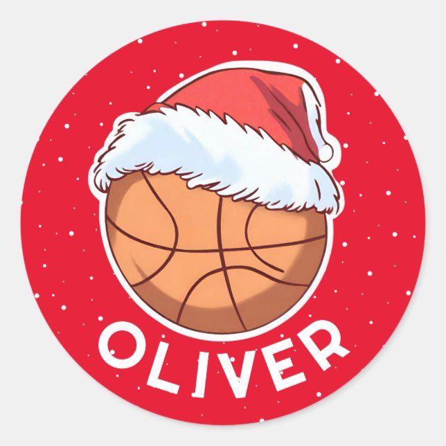 Basketball Ball Red Santa Hat Christmas Kid Name  Classic Round Sticker (Front)