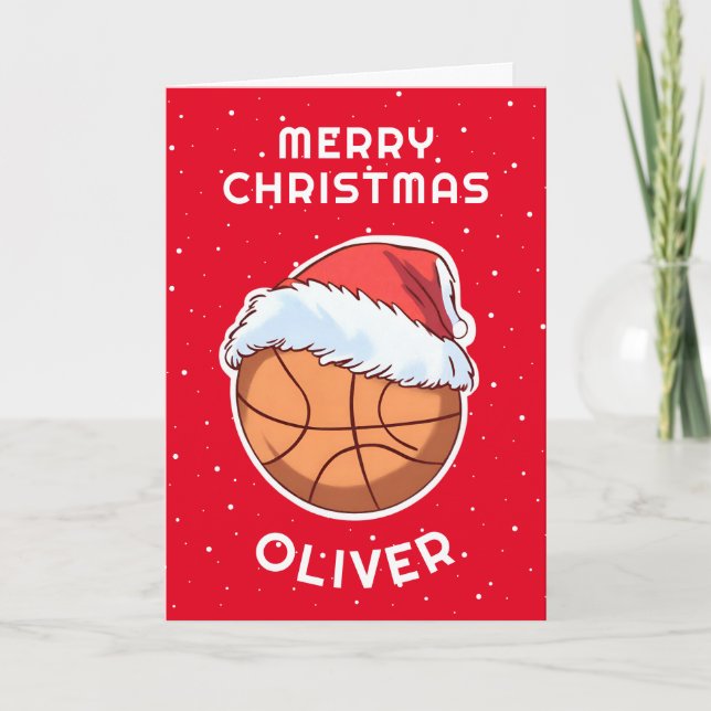 Basketball Ball Red Santa Hat Christmas Kid Name  Holiday Card (Front)