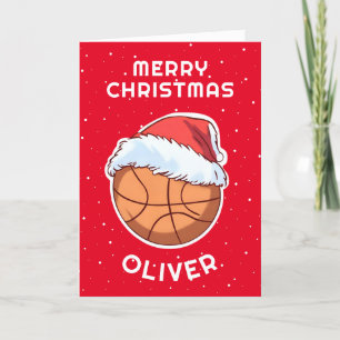 Basketball Ball Red Santa Hat Christmas Kid Name  Holiday Card