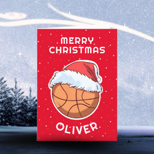 Basketball Ball Red Santa Hat Christmas Kid Name  Holiday Card