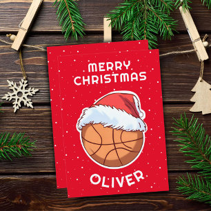 Basketball Ball Red Santa Hat Christmas Kid Name  Holiday Card