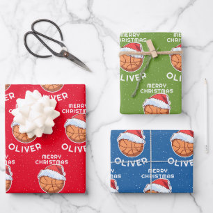 Basketball Ball Red Santa Hat Christmas Kid Name Wrapping Paper Sheet