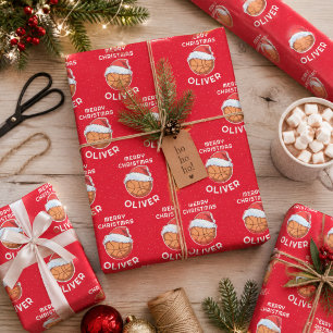 Basketball Ball Red Santa Hat Christmas Kid Name Wrapping Paper Sheet