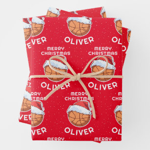 Basketball Ball Red Santa Hat Christmas Kid Name Wrapping Paper Sheet