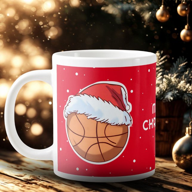 Basketball Ball Red Santa Hat Merry Christmas  Large Coffee Mug (Creator Uploaded)