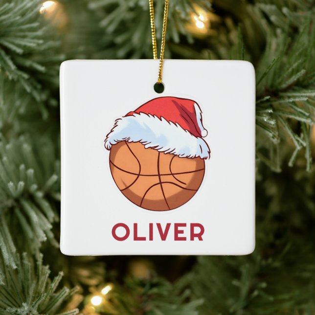 Basketball Ball Red Santa Hat Name Christmas  Ceramic Ornament (Tree)