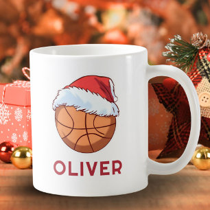 Basketball Ball Red Santa Hat Name Christmas Coffee Mug