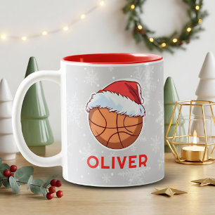 Basketball Ball Red Santa Hat Name Christmas Two-Tone Coffee Mug
