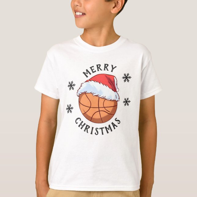 Basketball Ball Red Santa Hat Snowflake Christmas T-Shirt (Front)