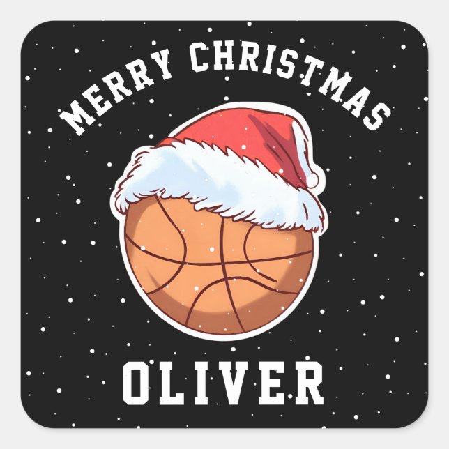 Basketball Ball Santa Hat Name Merry Christmas  Square Sticker (Front)