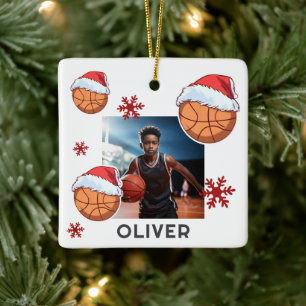 Basketball Ball Santa Hat Name Photo Christmas  Ceramic Ornament