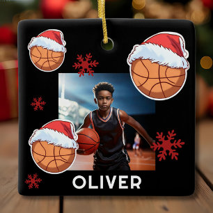 Basketball Ball Santa Hat Name Photo Christmas Ceramic Ornament
