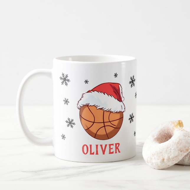 Basketball Ball Santa Hat Snowflake Name  Coffee Mug (With Donut)
