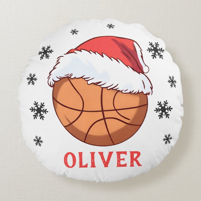 Basketball Ball Santa Hat Snowflake Name  Round Cushion (Front)