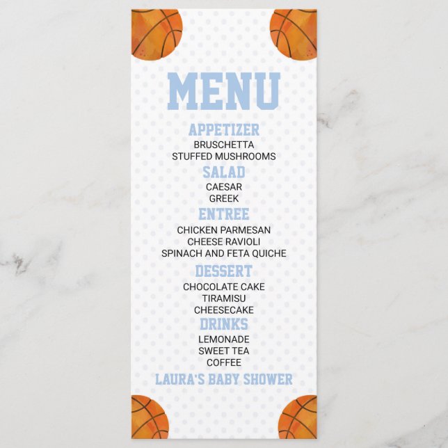 Basketball Ball Sports Blue Baby Shower Food Menu (Front)