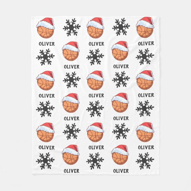 Basketball Ball with red Santa Hat Snowflake Name Fleece Blanket (Front)