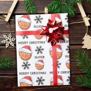 Basketball Ball with red Santa Hat Snowflake Name Wrapping Paper
