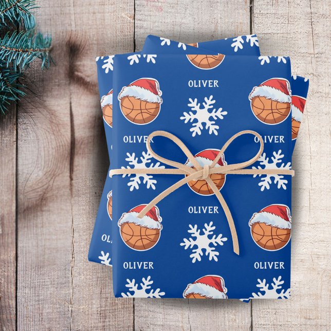 Basketball Ball with Red Santa Hat Snowflake Name Wrapping Paper Sheet (Creator Uploaded)