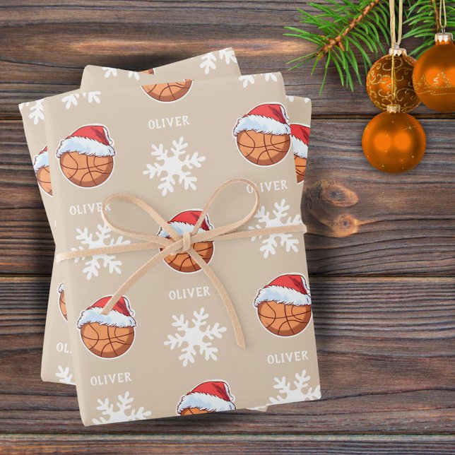 Basketball Ball with Red Santa Hat Snowflake Name Wrapping Paper Sheet (Creator Uploaded)
