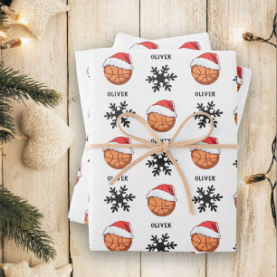 Basketball Ball with red Santa Hat Snowflake Name Wrapping Paper Sheet