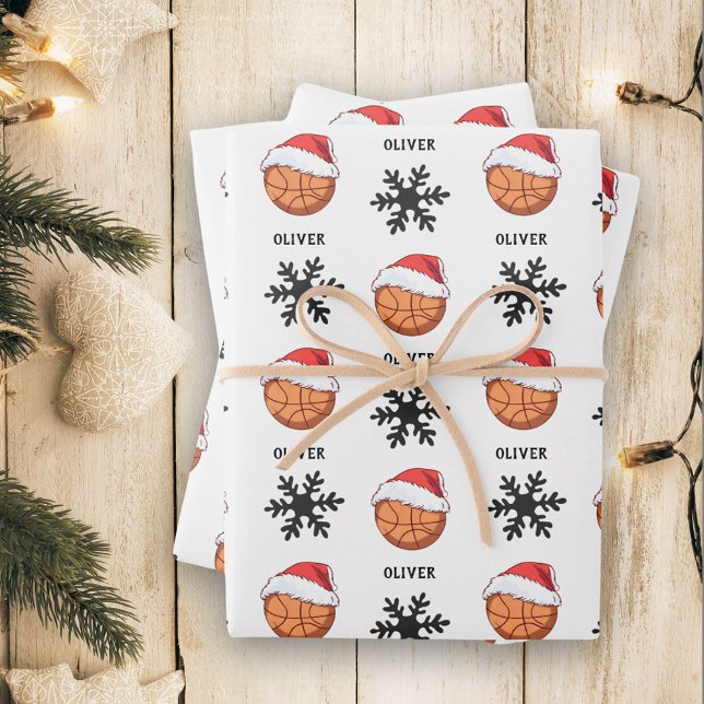 Basketball Ball with red Santa Hat Snowflake Name Wrapping Paper Sheet (Creator Uploaded)
