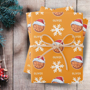 Basketball Ball with Red Santa Hat Snowflake Name Wrapping Paper Sheet