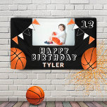 Basketball Balls Flags Black Kids Photo Birthday Banner<br><div class="desc">Basketball Balls Flags Black Kids Photo Birthday Banner. The design has two basketballs and birthday party bunting flags in orange, black and white colours on a black background. Add your photo and personalise it with your name, age and text and make your own birthday party banner. Great for boys and...</div>