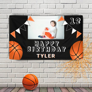 Basketball Balls Flags Black Kids Photo Birthday Banner