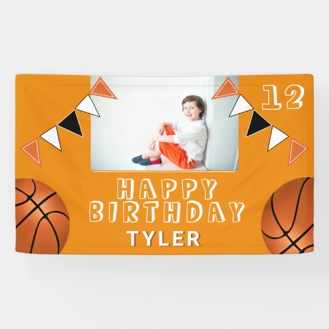 Basketball Balls Flags Kids Photo Birthday Banner (Horizontal)