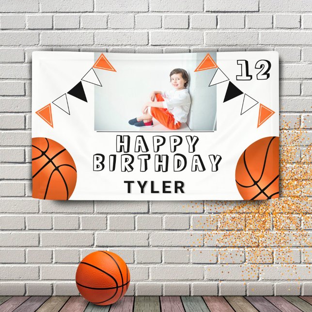 Basketball Balls Flags Kids Photo Birthday Party Banner (Creator Uploaded)
