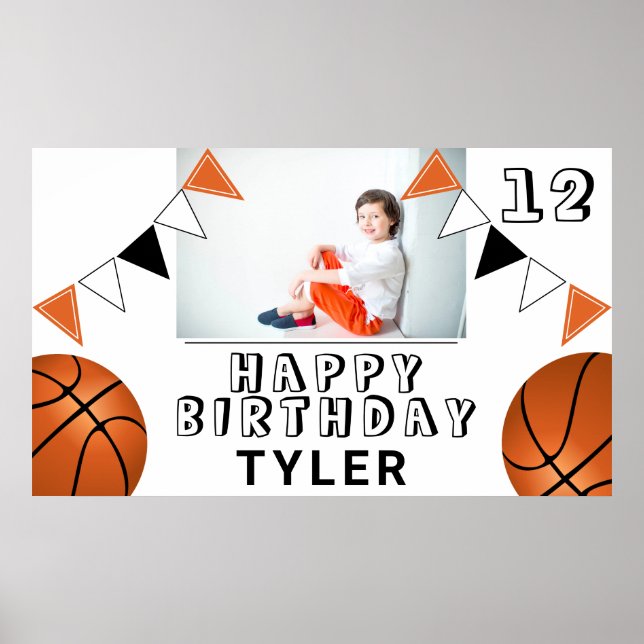 Basketball Balls Flags Kids Photo Birthday Party  Poster (Front)