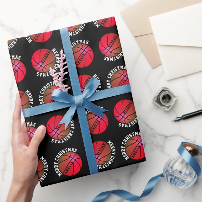 Basketball Balls Kids Name Pink Black Christmas Wrapping Paper (Gifting)