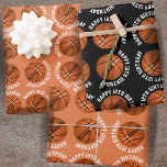 Basketball Balls Kids Name Sports Happy Birthday  Wrapping Paper Sheet<br><div class="desc">Basketball Balls Kids Name Sports Happy Birthday Personalised Wrapping Paper Sheets. Basketball ball pattern with happy birthday text and custom name on a black and orange background. Personalise with your name and age. You can change any text.</div>
