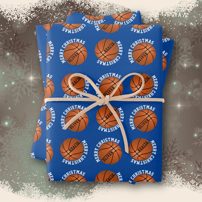 Basketball Balls Kids Name Sports Merry Christmas Wrapping Paper Sheet (Creator Uploaded)