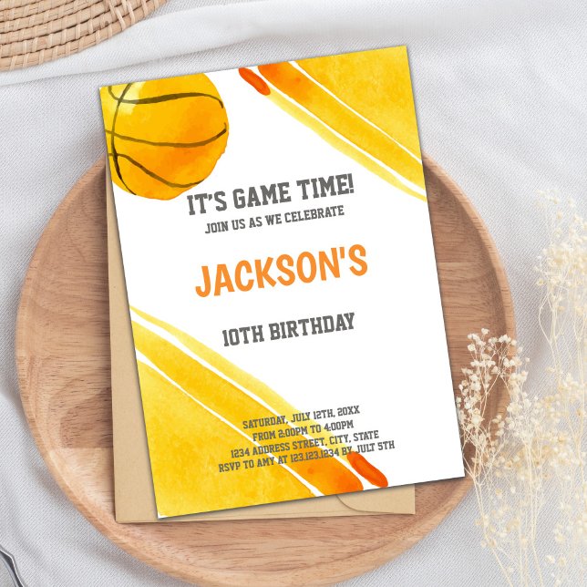 Basketball Birthday Invitation (Orange Ball Watercolor Basketball Invitations)