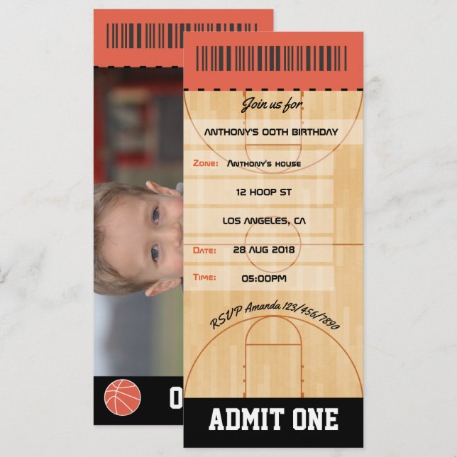 Basketball Birthday Party add photo Ticket Invitation (Front/Back)