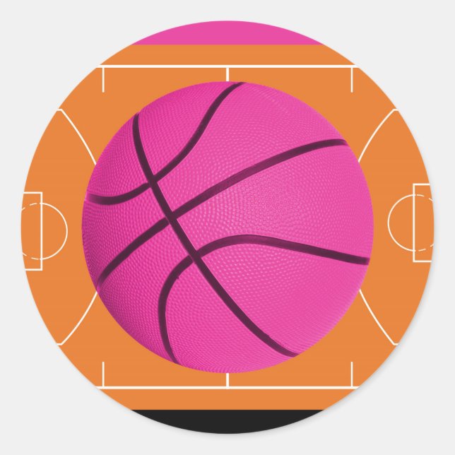 Basketball Birthday Party Black Pink & Orange Classic Round Sticker (Front)