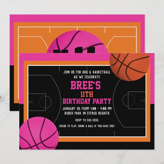 Basketball Birthday Party Black Pink & Orange Invitation (Front/Back)
