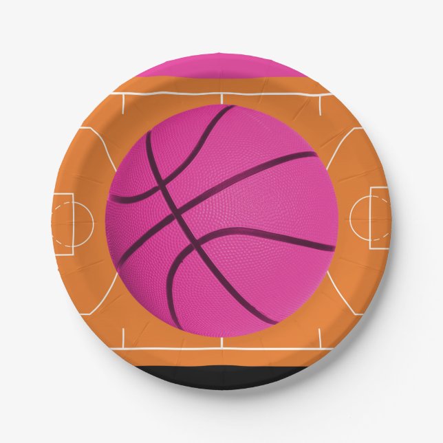 Basketball Birthday Party Black Pink & Orange Paper Plate (Front)