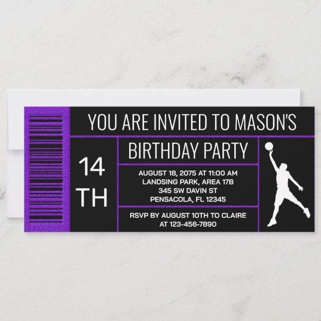 Basketball Birthday Party Purple Shoe Box Label Invitation (Front)