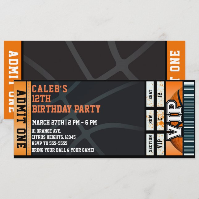 Basketball Birthday Party VIP Ball Game Ticket Invitation (Front/Back)