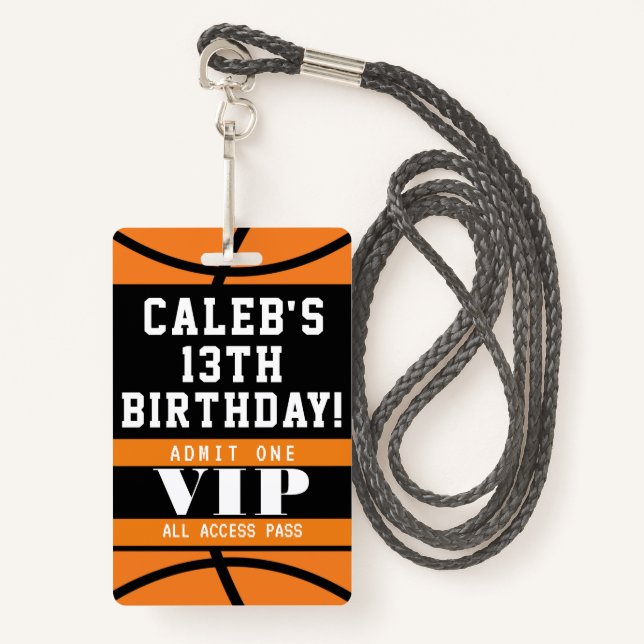 Basketball Birthday Party VIP Pass Badge ID Badge (Front with Lanyard)