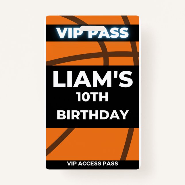 Basketball Birthday Party VIP Pass ID Badge (Front)