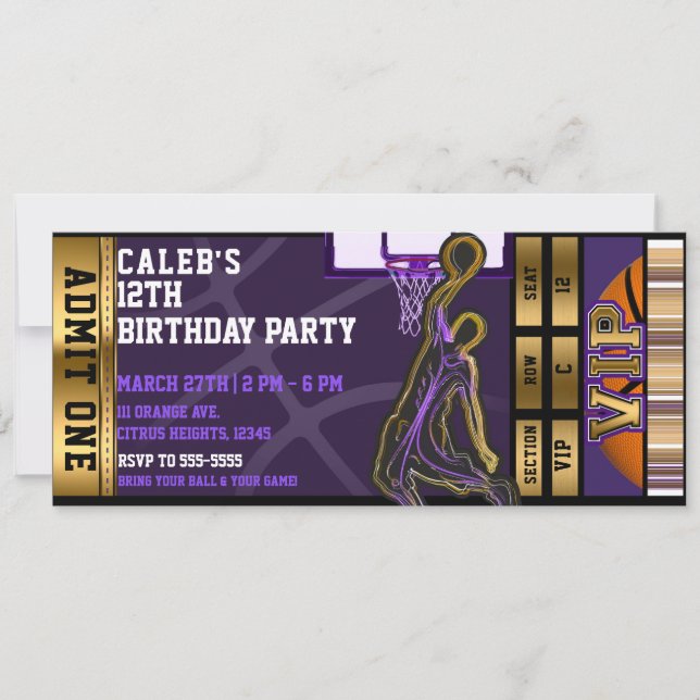 Basketball Birthday Party VIP Purple Gold Ticket  Invitation (Front)