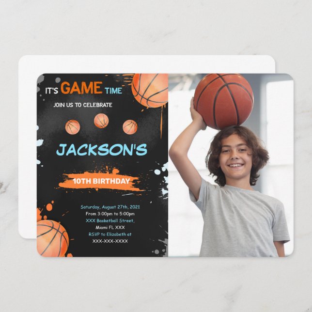 Basketball Birthday Photo Invitation (Front/Back)