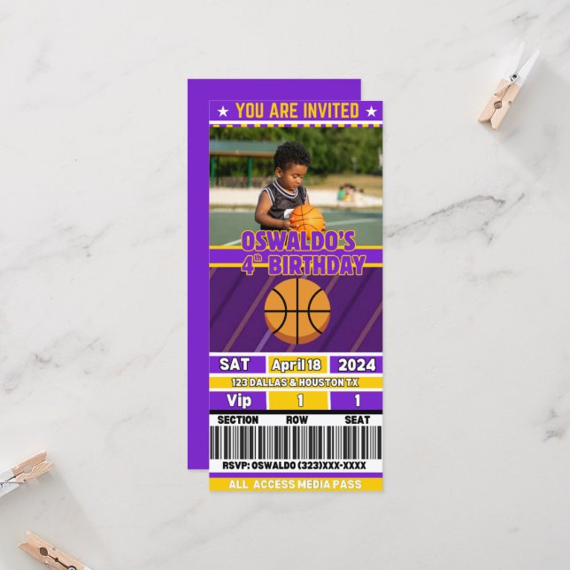 Basketball Birthday Ticket Invitation(Purple&Gold) (Front/Back In Situ)