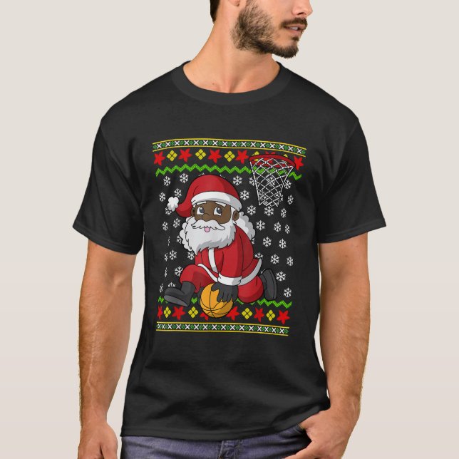 Basketball Black African American Santa Claus Slam T-Shirt (Front)