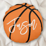 Basketball black orange custom name round cushion<br><div class="desc">Round pillow featuring a basketball in black and orange and your name in white. All colours are customisable in the design tool.</div>