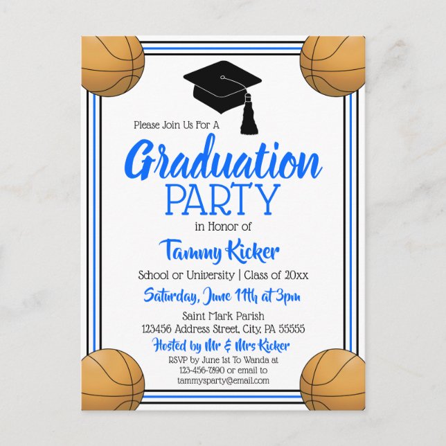 Basketball Blue & Black Graduation Party Invitation Postcard (Front)