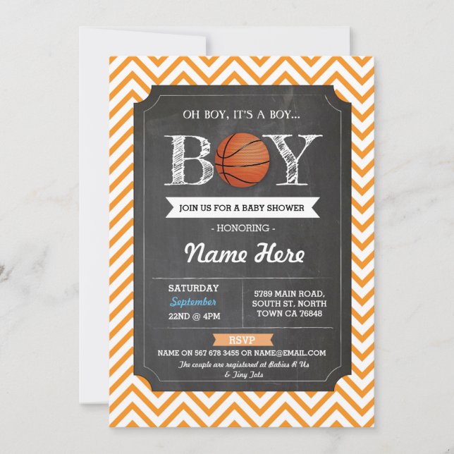BasketBall Boy Baby Shower Orange Sports Invite (Front)